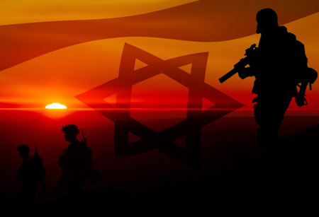 Conceptual image of war between Israel and her enemies, using flag and silhouetteの写真素材