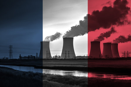 Nuclear Power Plant with French National Flag Overlay Symbolising Clean Energy Productionの写真素材