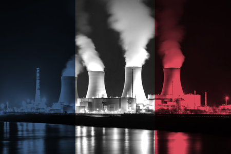Nuclear Power Plant with French National Flag Overlay Symbolising Clean Energy Productionの写真素材