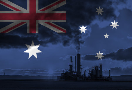 Natural Gas drilling rig with Australia flag overlay symbolising natural resources in countryの写真素材