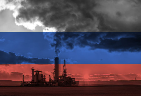 Natural Gas drilling rig with Russian flag overlay symbolising natural resources in countryの写真素材