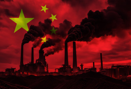 Coal Fired Power Plant with China National Flag Overlay Symbolising Energy Production and Fossil Fuel Useの写真素材