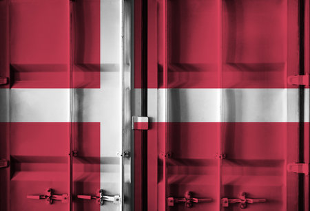 Shipping container with Denmark national flag overlay symbolising tariffs and international trade...