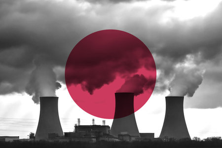 Nuclear Power Plant with Japanese Flag Overlay Symbolising Clean Energy Production