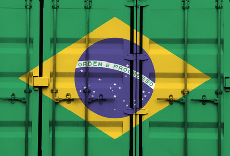 Shipping container with Brazilian national flag overlay symbolising tariffs and international trade...