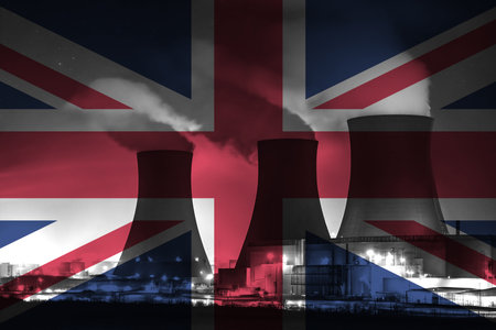 Nuclear Power Plant with British National Flag Overlay Symbolising Clean Energy Productionの写真素材