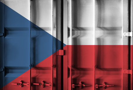 Shipping container with Czech Republic national flag overlay symbolising tariffs and international...