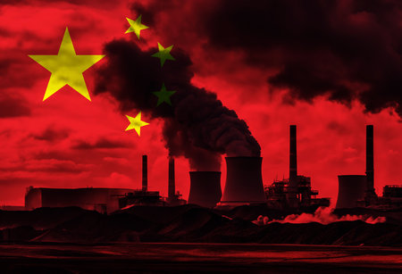 Coal Fired Power Plant with China National Flag Overlay Symbolising Energy Production and Fossil Fuel Useの写真素材