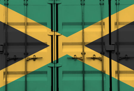 Shipping container with Jamaica national flag overlay symbolising tariffs and international trade...