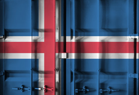 Shipping container with Iceland national flag overlay symbolising tariffs and international trade...
