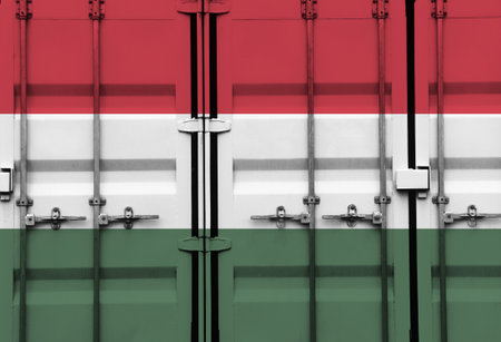 Shipping container with Hungary national flag overlay symbolising tariffs and international trade...