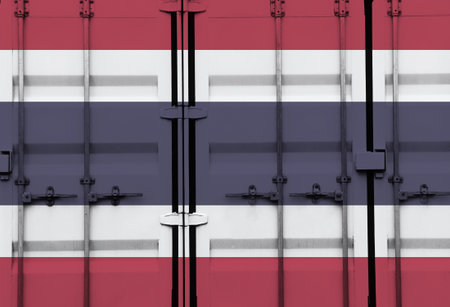 Shipping container with Thailand national flag overlay symbolising tariffs and international trade...