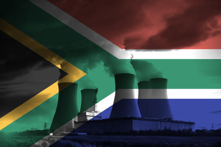 Nuclear Power Plant with South African National Flag Overlay Symbolising Clean Energy Productionの写真素材