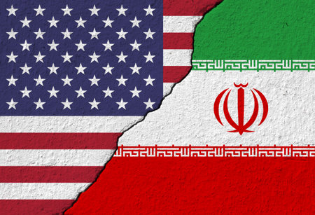 Conceptual image of war between Israel and Iran, using flag and silhouetteの写真素材