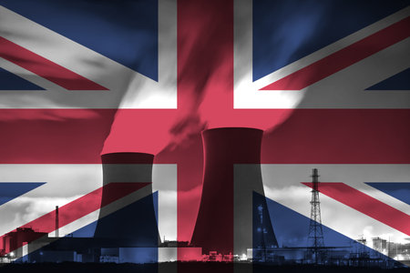 Nuclear Power Plant with British National Flag Overlay Symbolising Clean Energy Productionの写真素材