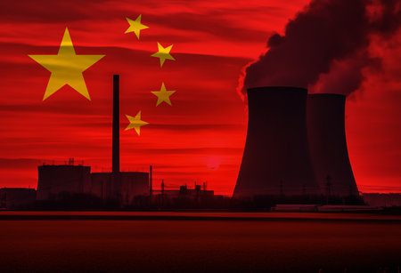 Coal Fired Power Plant with China National Flag Overlay Symbolising Energy Production and Fossil Fuel Useの写真素材