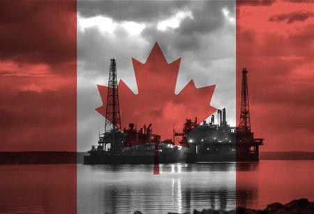 Natural Gas drilling rig with Canada flag overlay symbolising natural resources in countryの写真素材