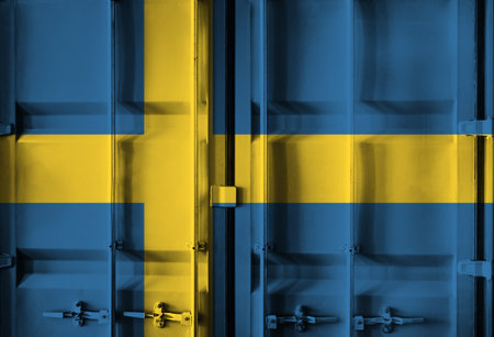 Shipping container with Sweden national flag overlay symbolising tariffs and international trade policies in global commerce contextの写真素材