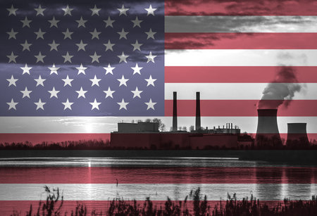 Coal Fired Power Plant with American National Flag Overlay Symbolising Energy Production and Fossil Fuel Useの写真素材