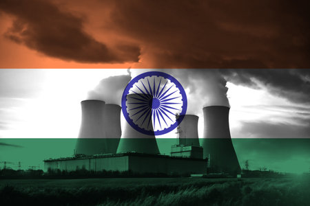 Nuclear Power Plant with Indian National Flag Overlay Symbolising Clean Energy Productionの写真素材