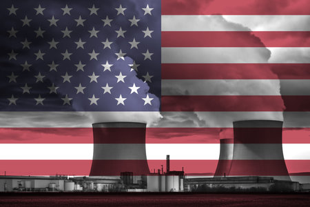 Nuclear Power Plant with American National Flag Overlay Symbolising Clean Energy Productionの写真素材