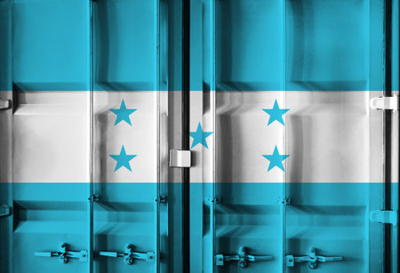 Shipping container with Honduras national flag overlay symbolising tariffs and international trade...
