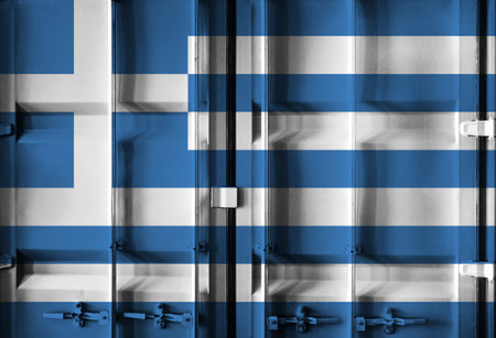 Shipping container with Greece national flag overlay symbolising tariffs and international trade...