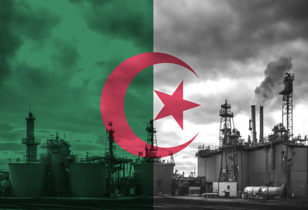Natural Gas drilling rig with Algeria flag overlay symbolising natural resources in countryの写真素材