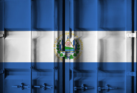 Shipping container with El Salvador national flag overlay symbolising tariffs and international trade policies in global commerce contextの写真素材