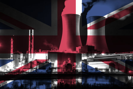 Nuclear Power Plant with British National Flag Overlay Symbolising Clean Energy Productionの写真素材