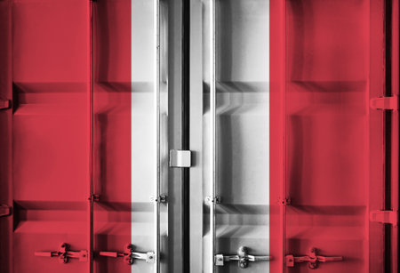 Shipping container with Peru national flag overlay symbolising tariffs and international trade policies in global commerce contextの写真素材