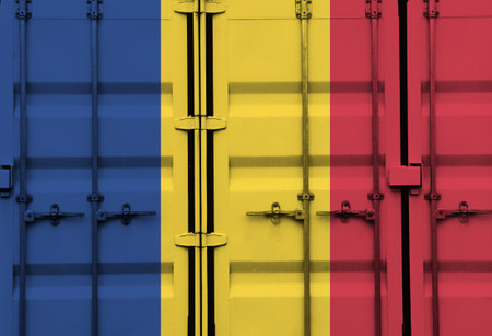Shipping container with Romania national flag overlay symbolising tariffs and international trade policies in global commerce contextの写真素材