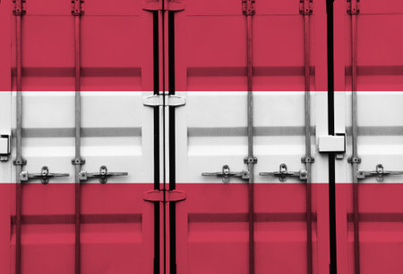 Shipping container with Austria national flag overlay symbolising tariffs and international trade policies in global commerce contextの写真素材