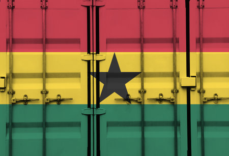 Shipping container with Ghana national flag overlay symbolising tariffs and international trade...