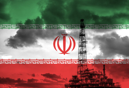 Natural Gas drilling rig with Iran flag overlay symbolising natural resources in country