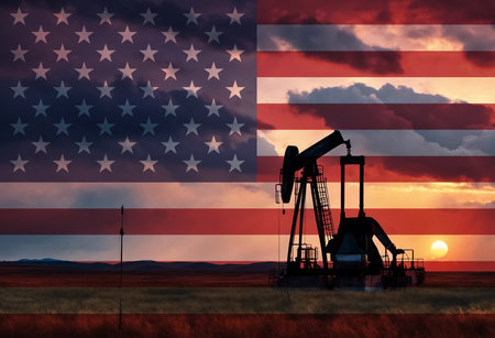 Drilling for oil in the countryside at sunset with American national flag overlayの写真素材