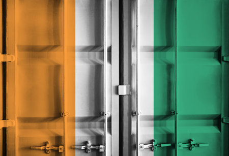 Shipping container with Ivory Coast national flag overlay symbolising tariffs and international...