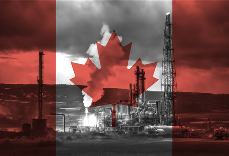 Natural Gas drilling rig with Canada flag overlay symbolising natural resources in countryの写真素材