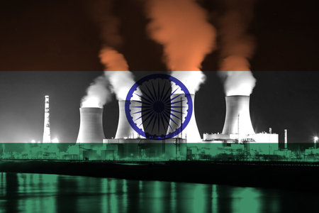 Nuclear Power Plant with Indian National Flag Overlay Symbolising Clean Energy Productionの写真素材