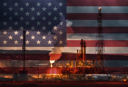 Natural Gas drilling rig with American flag overlay symbolising natural resources in countryの写真素材