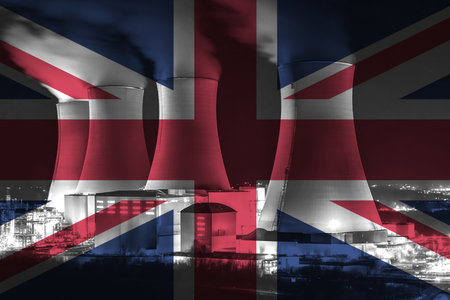 Nuclear Power Plant with British National Flag Overlay Symbolising Clean Energy Productionの写真素材
