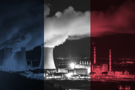 Nuclear Power Plant with French National Flag Overlay Symbolising Clean Energy Productionの写真素材