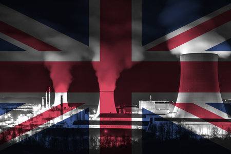 Nuclear Power Plant with British National Flag Overlay Symbolising Clean Energy Productionの写真素材