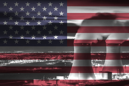 Nuclear Power Plant with American National Flag Overlay Symbolising Clean Energy Production