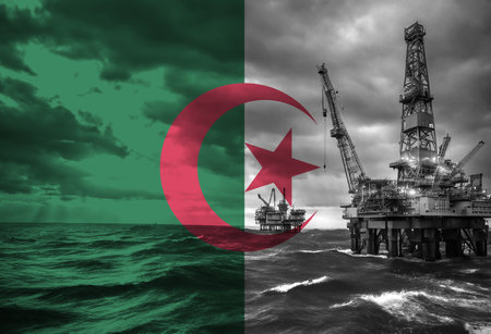 Natural Gas drilling rig with Algeria flag overlay symbolising natural resources in country