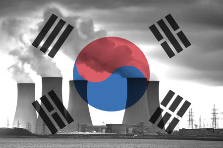 Nuclear Power Plant with South Korean National Flag Overlay Symbolising Clean Energy Production