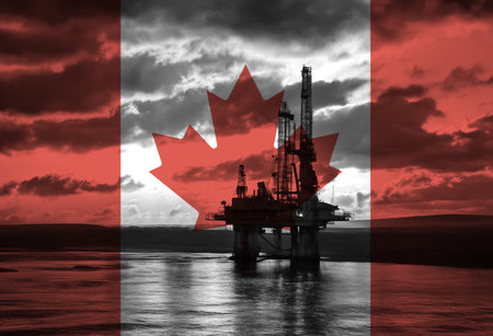 Natural Gas drilling rig with Canada flag overlay symbolising natural resources in country