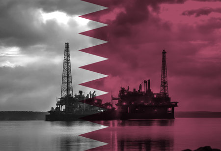 Natural Gas drilling rig with Qatar flag overlay symbolising natural resources in country