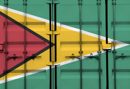 Shipping container with Guyana national flag overlay symbolising tariffs and international trade...