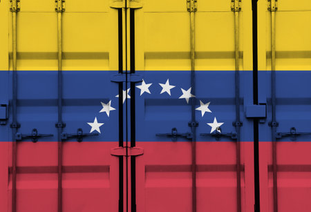 Shipping container with Venezuela national flag overlay symbolising tariffs and international trade...